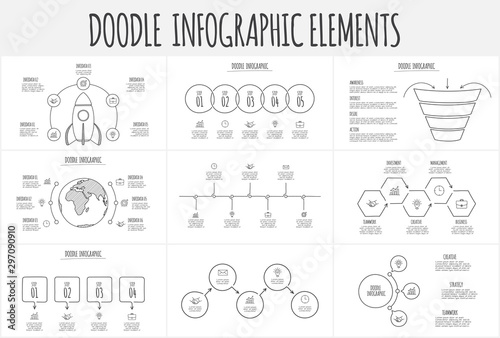Doodle infographic set with funnel, rocket, earth, circles and other abstract elements. Hand drawn icons. Thin line illustration.