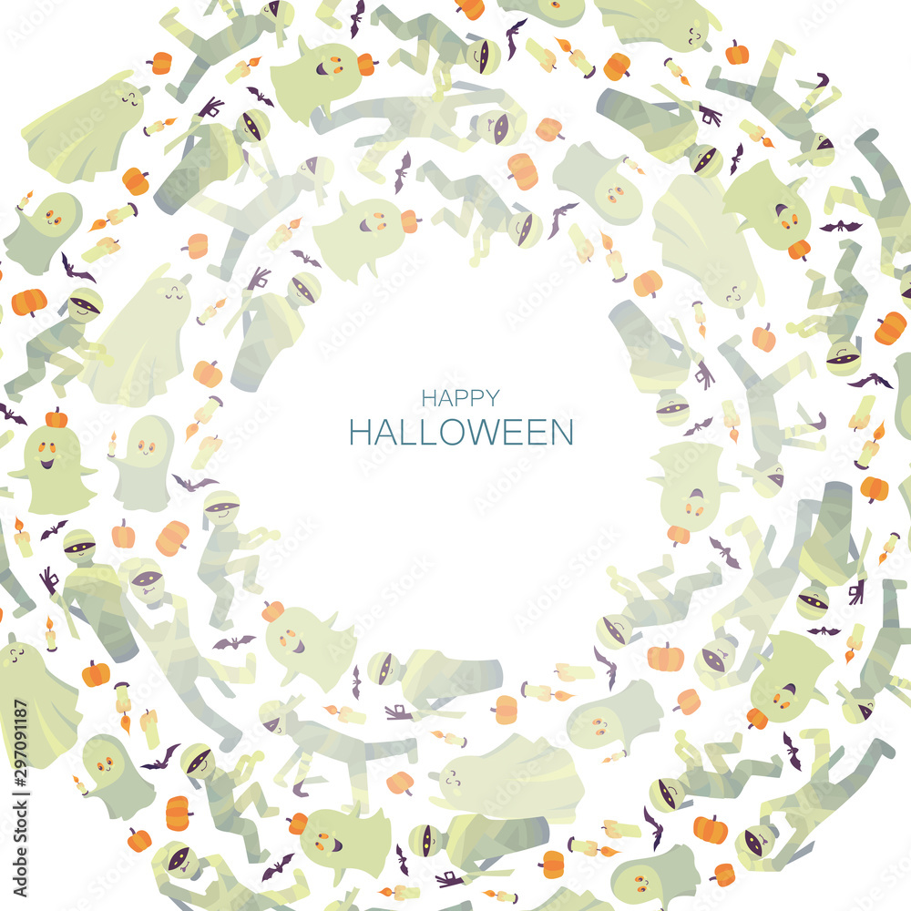 Fototapeta premium Vector Halloween party invitation or greeting card template. Traditional symbols. Creative frame, circle of flying ghosts, mummies, candles, bats and pumpkins. Afterlife dances