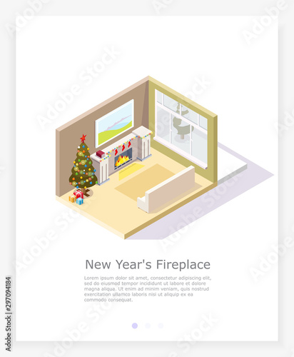 Christmas living room with fireplace and Christmas tree in the isometric Merry Christmas or Happy New Year holidays.