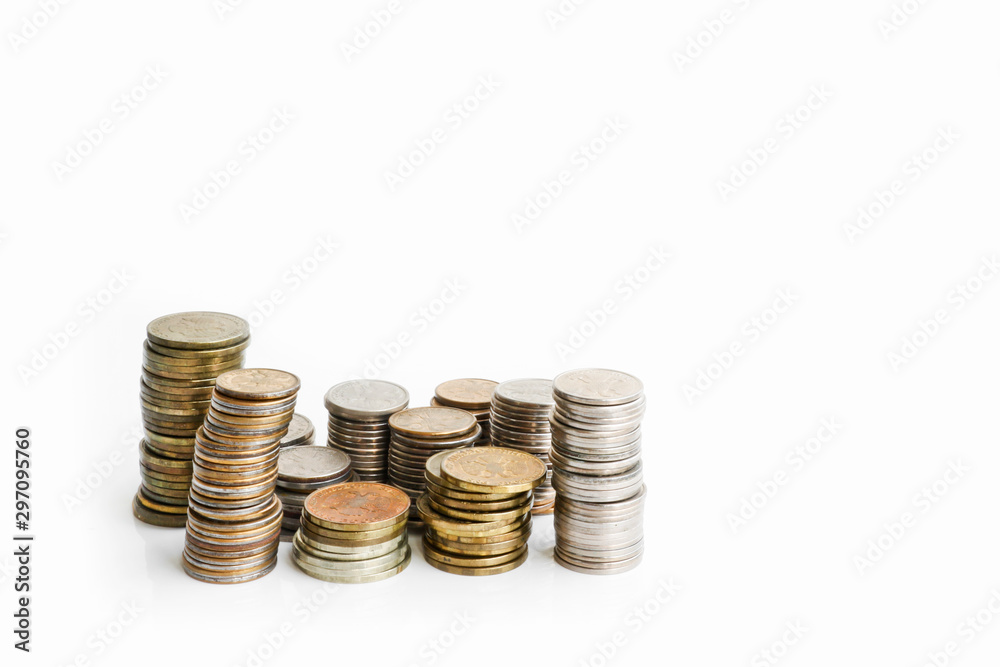 Columns of coins of Russian rubles on a white background. Outdated Russian currency. Double-headed eagle on the back of coins. Copy Columns of coins of Russian rubles on a white background. Outdated Russian currency. Double-headed eagle on the back of coins. Copy