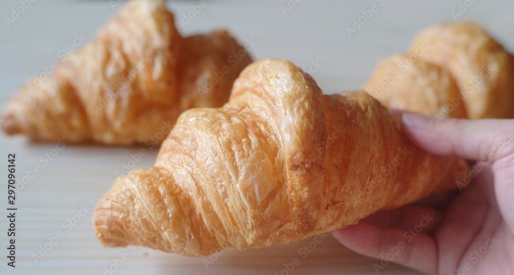 Close up hand showing fresh croissant on wood table. Tasty buttery croissants.