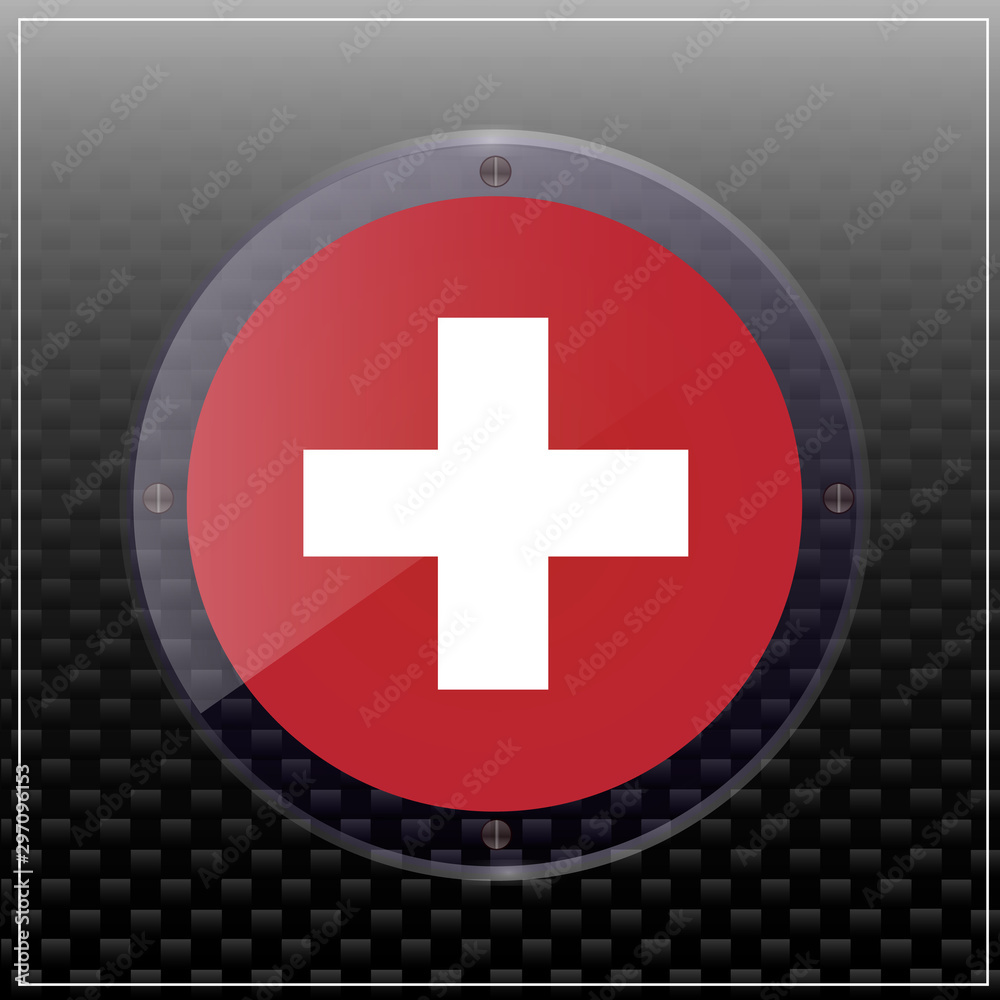 Obraz premium Bright transparent button with flag of Swiss. Swiss National Day banner. Bright illustration with flag .