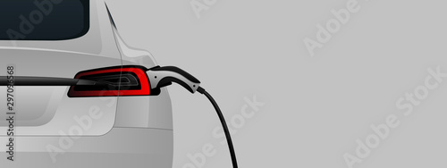 Back view of electric car with a charging station. Vector banner template