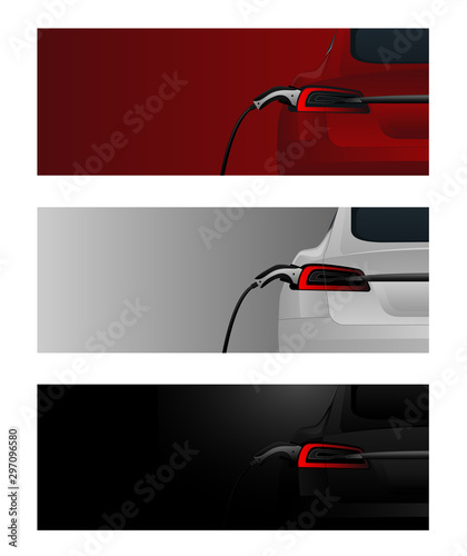 Back view of electric car with a charging station. Vector banner template