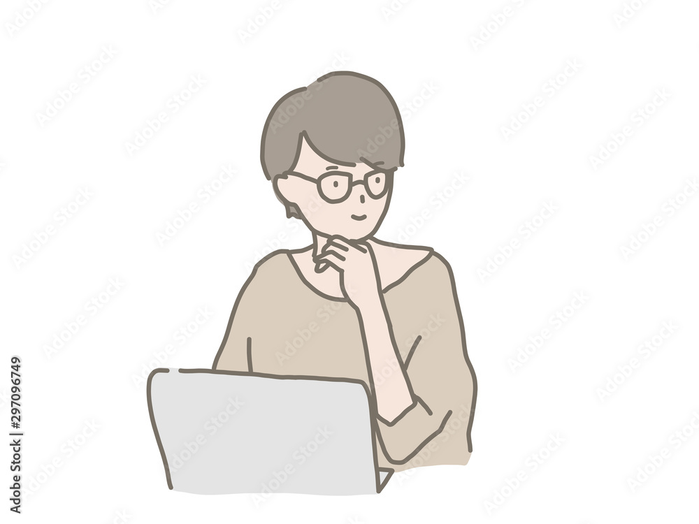 ノートパソコンを開いて考え事をしている女性