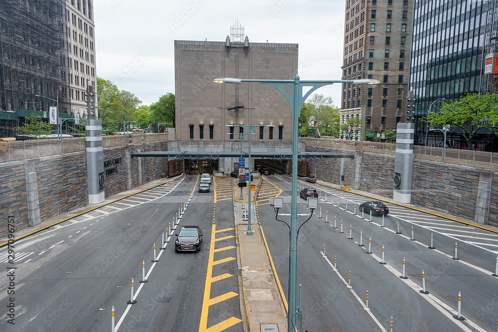 USA, New York - May 2019: USA, Rear of Hugh.L Carey Tunnel Ventilation Building and highway entrance,exit