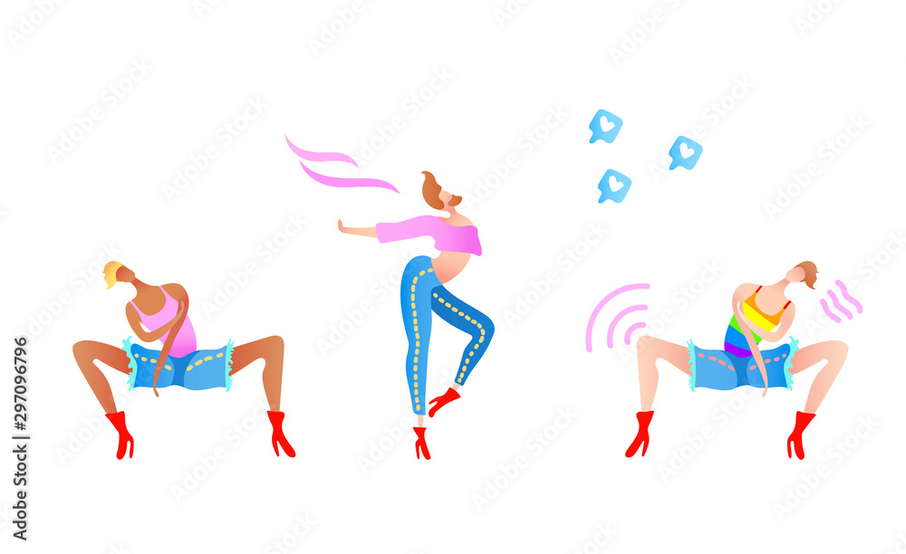 Vector colorful illustration, trendy gay men on heels set. Flat cartoon style, isolated. Different ethnicity. Applicable for LGBT (LGBTQ), transgender rights concepts etc.