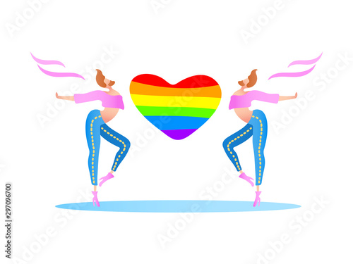 Vector colorful illustration, trendy gay men on heels with a rainbow heart. Flat cartoon style, isolated. Applicable for LGBT (LGBTQ), transgender rights concepts etc.