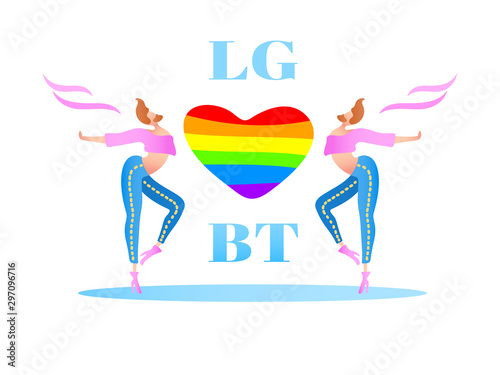 Vector colorful illustration, trendy gay men on heels with a rainbow heart and LGBT text. Flat cartoon style, isolated. Applicable for homosexual, transgender rights concepts, logos etc.