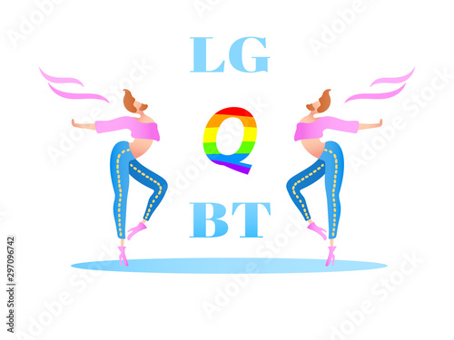 Vector colorful illustration, trendy gay men on heels with a rainbow heart and LGBTQ text. Flat cartoon style, isolated. Applicable for homosexual, transgender rights concepts, logos etc.