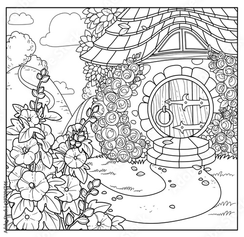 Summer fairy tale home with flowers outlined isolated on a white background