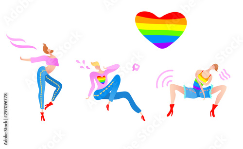 Vector colorful illustration, trendy gay men on heels set with a rainbow heart. Flat cartoon style, isolated. Applicable for LGBT (LGBTQ), transgender rights concepts etc.