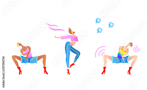 Vector colorful illustration, trendy gay men on heels set. Flat cartoon style, isolated. Different ethnicity. Applicable for LGBT (LGBTQ), transgender rights concepts etc.