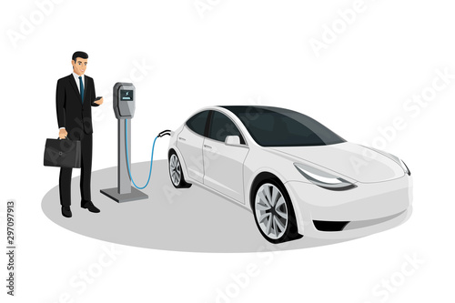 Man with electric car isolated on white. Vector illustration EPS 10	
