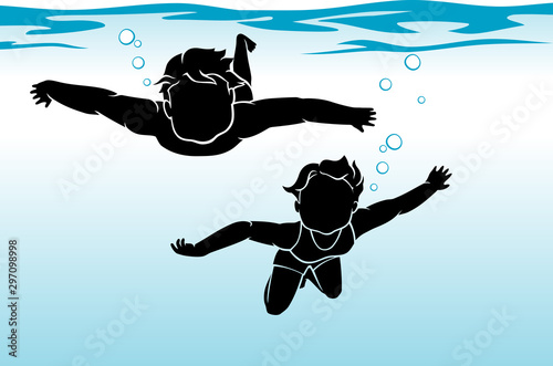 Kids Swimming Underwater, Silhouette Illustration