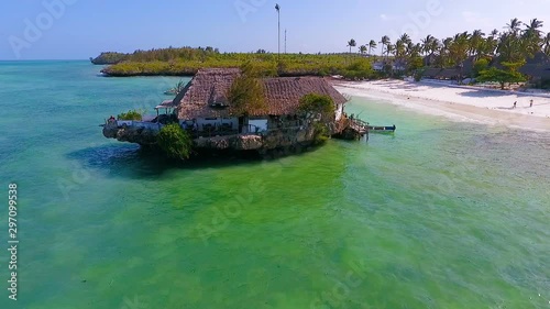 Aerial view. The rock restaurant Zanzibar. Tourist attraction, Tanzania Africa