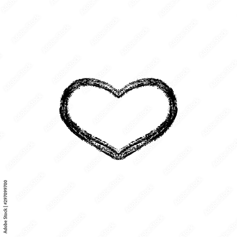 Vector illustration, hand drawn isolated heart. Grunge brush and pencil (chalk or charcoal) texture. Black silhouette made by tracing.