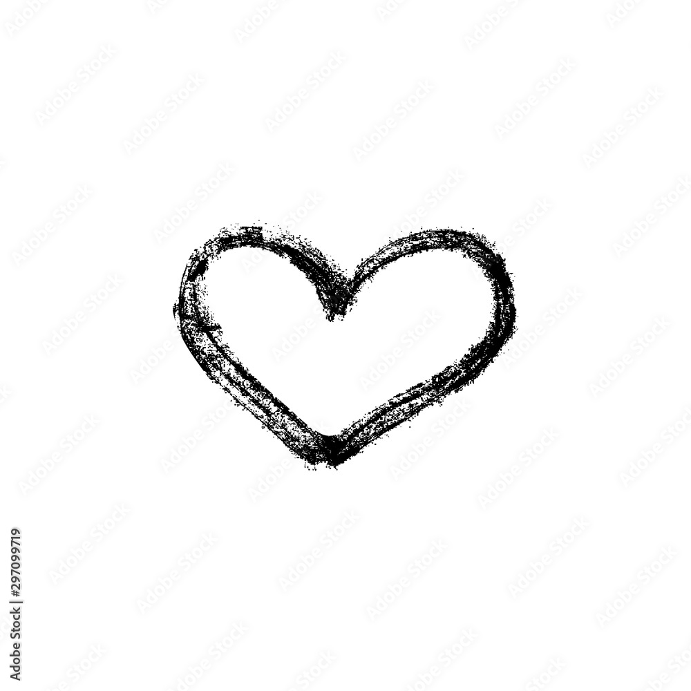 Vector illustration, hand drawn isolated heart. Grunge brush and pencil (chalk or charcoal) texture. Black silhouette made by tracing.