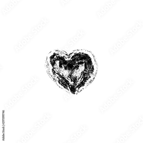 Vector illustration, hand drawn isolated heart. Grunge brush and pencil (chalk or charcoal) texture. Black silhouette made by tracing.