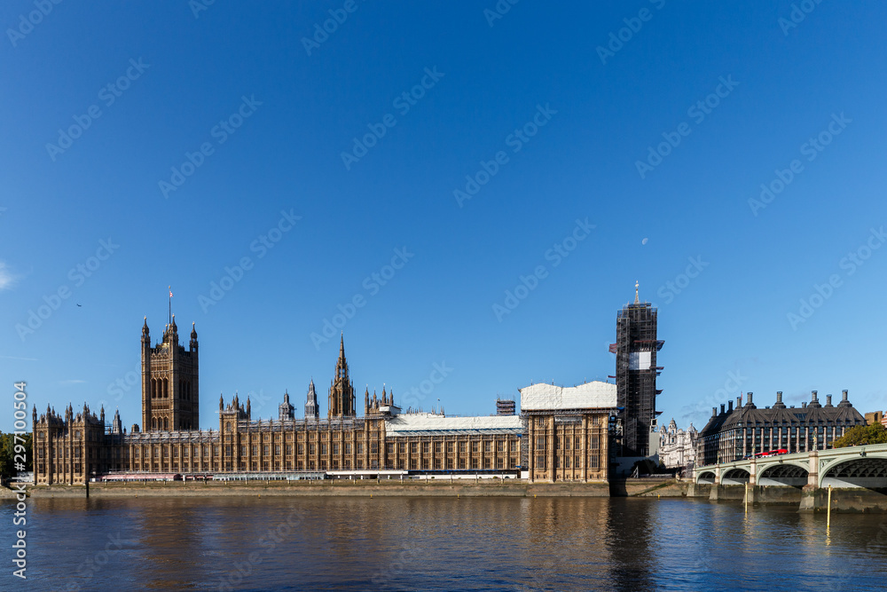 London Westminster, England, view on Parliament scaffolding works and repairs