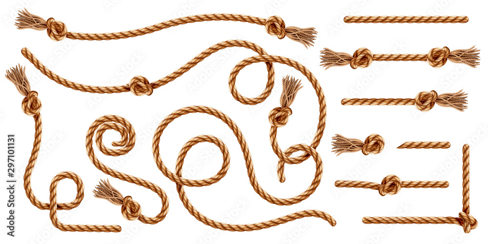 Set of isolated knotted ropes with tassels or realistic cords with brush and knot. Nautical 3d thread or realistic hemp whipcord with loops and noose. Twisted and braided, folded, spiral fiber.
