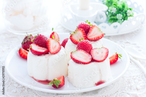 italian dessert panna cotta with fresh strawberries, horizontal photo