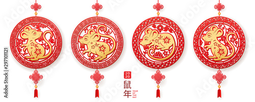 Hanging decorations with rat for 2020 chinese new year. Set of isolated circles with mouse for china holiday celebration. Rodent or animal sign for asian festive. CNY papercut for greeting card