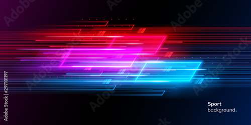 Modern abstract sport background. Trendy geometric neon collage for speed movement. Night race advertising. Dynamic cover or colourful layout for sport event. Banner or poster for motion