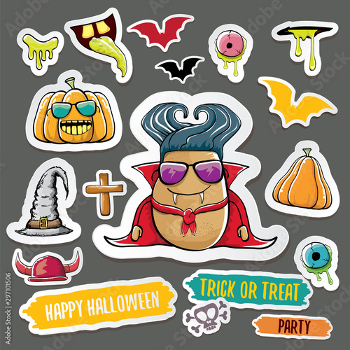 Vector halloween sticker icons set with dracula, witch hat, scary pumpkin, bat , skull, happy halloween text, demon and zombie eyes, wooden cemetry cross, monsters isolated on grey background.