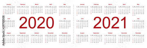 Simple editable vector calendars for year 2020, 2021. Week starts from Sunday. Isolated vector illustration on white background.