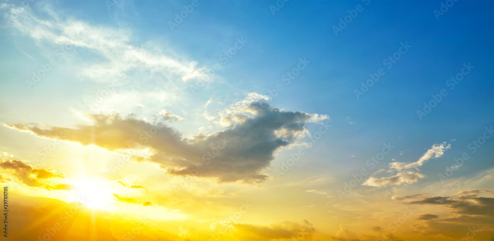 red sunset, bright summer background with sun rays