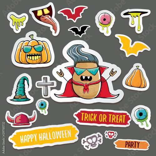 Vector halloween sticker icons set with dracula, witch hat, scary pumpkin, bat , skull, happy halloween text, demon and zombie eyes, wooden cemetry cross, monsters isolated on grey background.