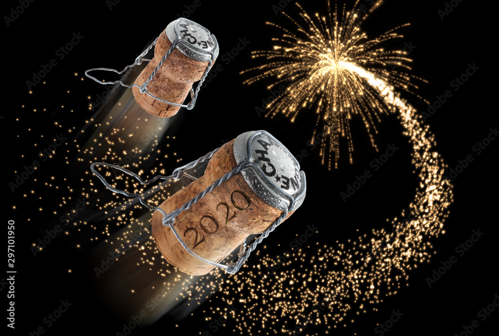 2020 - New year composition with champagne corks and fireworks - 3D illustration - obrazy, fototapety, plakaty 