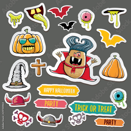 Vector halloween sticker icons set with dracula, witch hat, scary pumpkin, bat , skull, happy halloween text, demon and zombie eyes, wooden cemetry cross, monsters isolated on grey background.