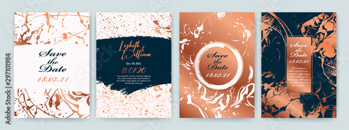 Set of design templates with copper texture, marble effect. Luxury and elegance. Copper, blue navy and white color.