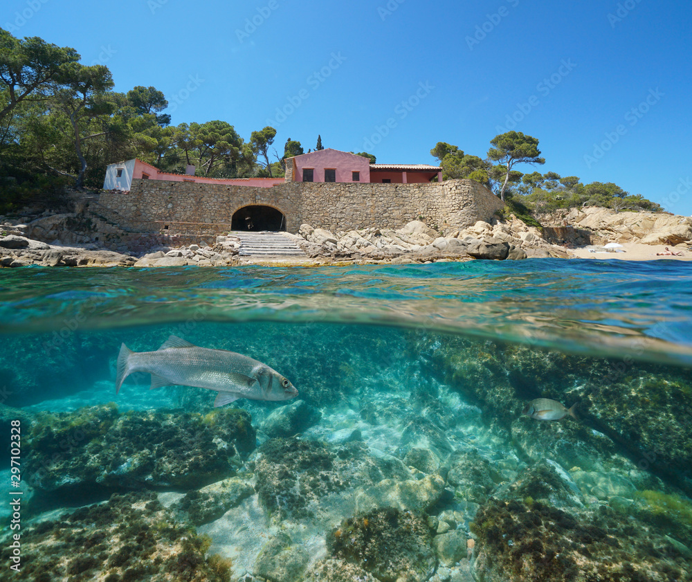 Waterfront house on the Mediterranean coast with fish and rocks underwater sea, Spain, Costa Brava, Catalonia, Palamos, split view over and under water surface