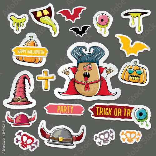 Vector halloween sticker icons set with dracula, witch hat, scary pumpkin, bat , skull, happy halloween text, demon and zombie eyes, wooden cemetry cross, monsters isolated on grey background.