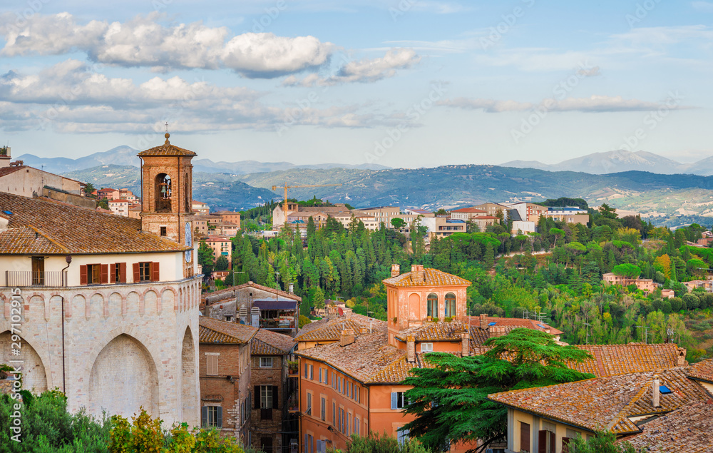 View of the beautiful Perugia medieval historic center and Umbria contryside