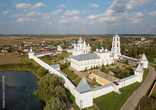 Aerial summer view of wight Nikitskiy monastery with silver domes in Pereslavl Zalessky, Yaroslavl Region, Russia. Golden Ring of Russia photo