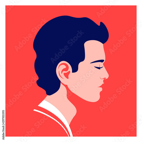 Profile of a young man closing his eyes. Avatar of a European guy. Character face side view. Social Media. Vector flat illustration