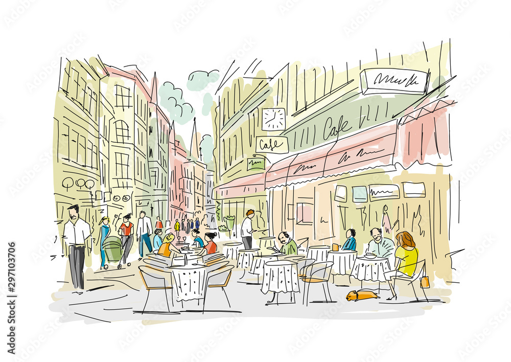 Old european street with cafe and restaurants, sketch for your design