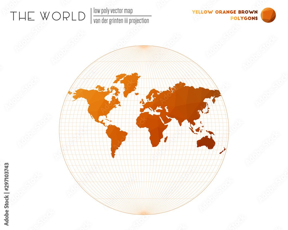 Low poly world map. Van der Grinten III projection of the world. Yellow, Orange, and Brown colored polygons. Creative vector illustration. Low poly world map. Van der Grinten III projection of the world. Yellow, Orange, and Brown colored polygons. Creative vector illustration.