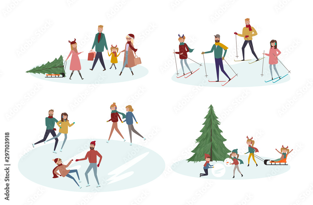 Winter scenes with people of different ages on the street. People ski and skate, sculpt a snowman and walk.