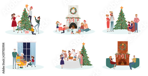 Celebratory scenes with people of different ages preparing for the holiday, decorate the Christmas tree, sit by the fireplace, gala dinner, give and unpack gifts.