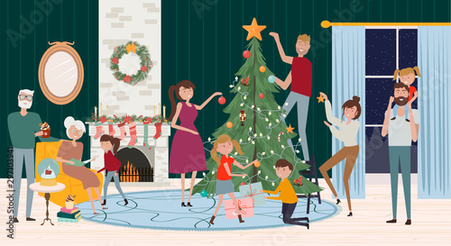 Men, women and children decorating Christmas tree and sitting beside fireplace.  Big family spending time together and preparing for celebrating winter holidays. Editable vector illustration.
