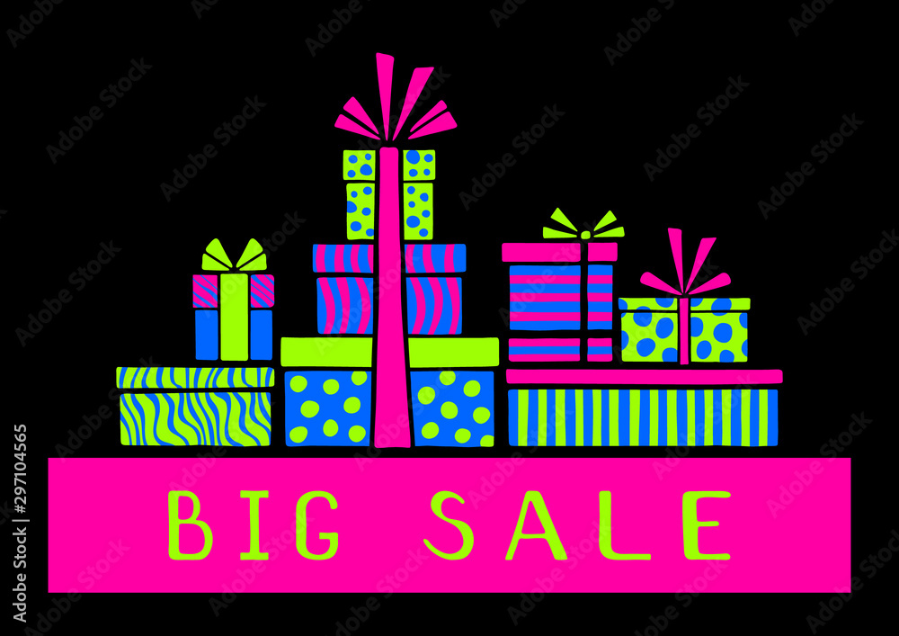 Neon-colored Gift boxes. Big Sale card. Hand drawn collection. Vector illustration.