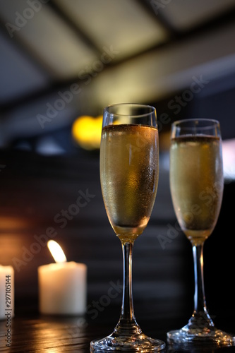 close up glass of champagne on bar counter