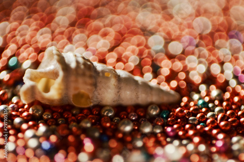 shell on a blurry colored background of beads