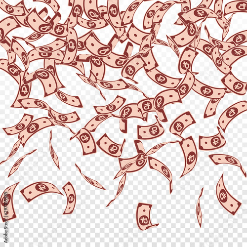 Russian ruble notes falling. Floating RUB bills on