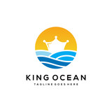 Simple modern Blue King Crown and wave Water Sea logo design